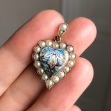 Vintage Enamel Billing Doves Heart Pendant