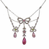 Antique Edwardian Silver Green & Pink Paste Bow Necklace