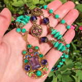 Antique Czechoslovakian Purple & Green Glass Enamel Pendant Necklace