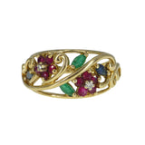 Vintage Gold Emerald, Sapphire Ruby & Diamond Flower Ring
