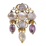 Antique Arts & Crafts Era Gold Moonstone & Amethyst Brooch