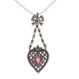 Antique Edwardian Silver Pink Glass Heart Marcasite Pendant Necklace