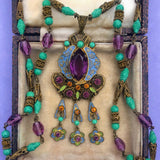 Antique Art Deco Czech Neiger Brothers Oriental Enamel Purple & Green Bead Necklace