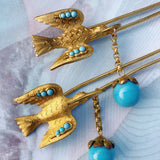 Antique Victorian Bridal Gold Filled Swallow Turquoise Hair Bird Pieces