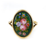 Antique Edwardian 9ct Gold Green Enamel Floral Rose Ring