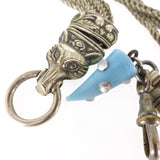 Antique Victorian Figural Fox Blue Glass Charm Albertina Watch Chain Bracelet