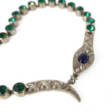Antique Art Deco Green Bezel Set Silver Metal Snake Bracelet