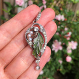 Antique Art Nouveau Silver Plique À Jour Leaf Paste Pendant Necklace