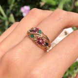 Vintage Gold Emerald, Sapphire Ruby & Diamond Flower Ring
