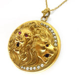Antique Art Nouveau Gold Filled Repousse Lions Head Pearl Locket Pendant Necklace