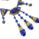 Antique Art Deco Czech Lapis Glass Gold Tone Panel Necklace