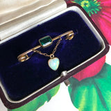 Antique Arts & Crafts Murrle Bennett 9 Carat Gold Opal Heart Emerald Paste Brooch