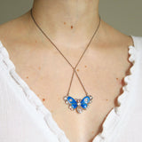 Antique Silver Moonstone Enamel Butterfly Pendant Necklace