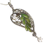 Antique Art Nouveau Silver Plique À Jour Leaf Paste Pendant Necklace