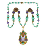 Antique Czechoslovakian Purple & Green Glass Enamel Pendant Necklace