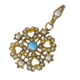 Antique Edwardian Floral Seed Pearl Turquoise Glass Pendant