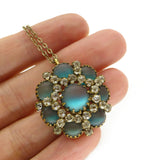 Antique Art Deco Saphiret Glass Floral Pendant Necklace