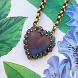 Antique Edwardian Saphiret Glass Heart Pendant Necklace