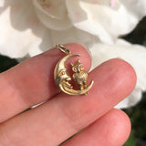 Antique Edwardian 9ct Gold Owl & Crescent Moon Charm