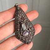 Antique Art Deco Silver Moonstone Marcasite Pendant Necklace