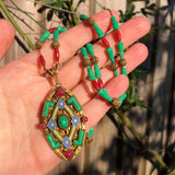 Antique Czechoslovakian Green Glass Panel Bead Necklace