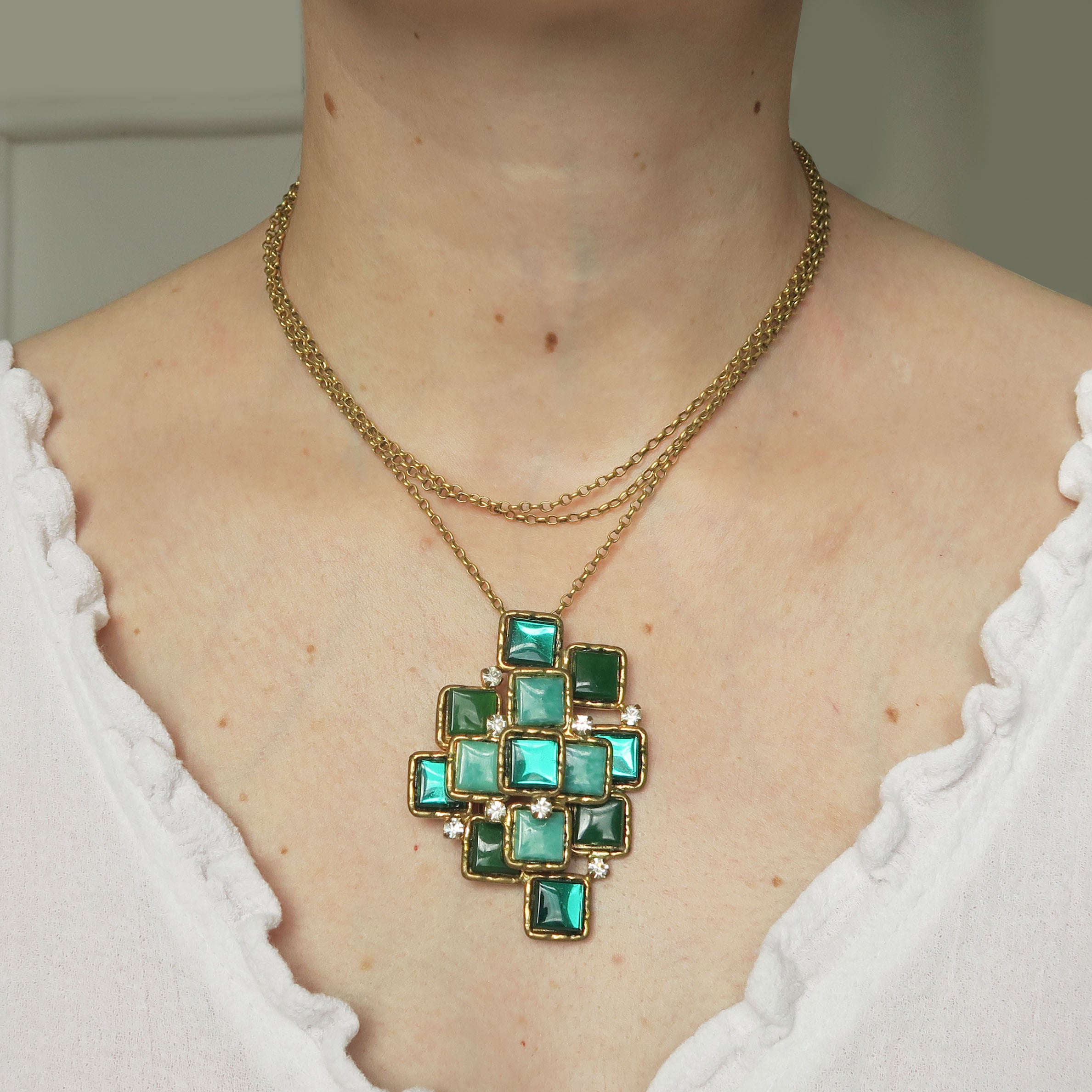 Vintage Modernist Green Glass Pendant Brooch