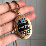 Antique French 'Amitie' Floral Enamel Locket Necklace