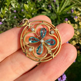 Antique Rolled Gold Blue Glass Clover Pendant