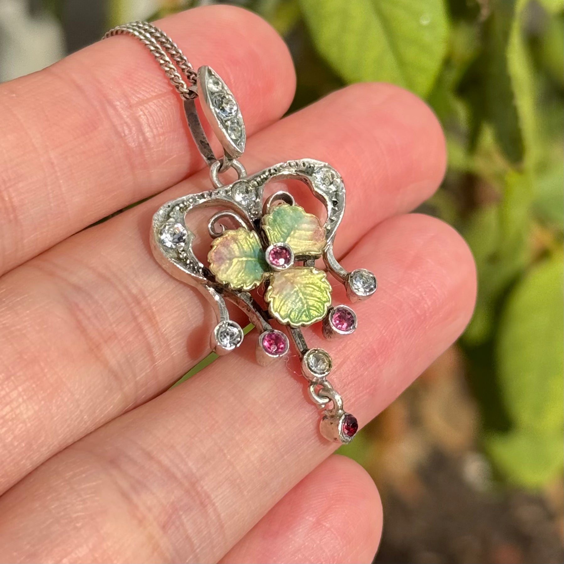Antique Art Nouveau Enamel Leaf Pendant Necklace