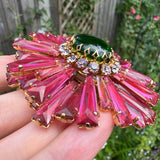 Vintage Schreiner Pink & Green Keystone Ruffle Brooch