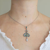 Antique Art Nouveau Silver Turquoise Pearl Pendant Necklace