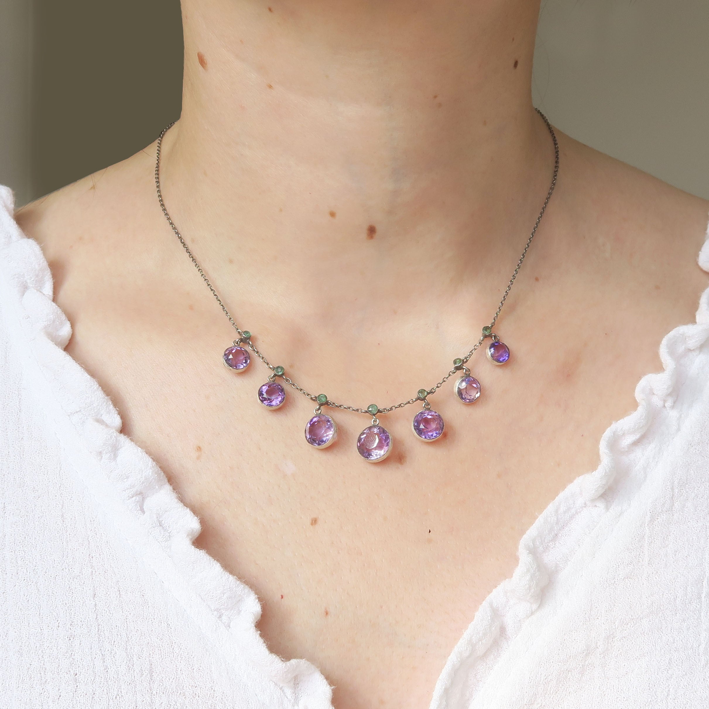 Antique Silver Amethyst & Tourmaline Drop Necklace