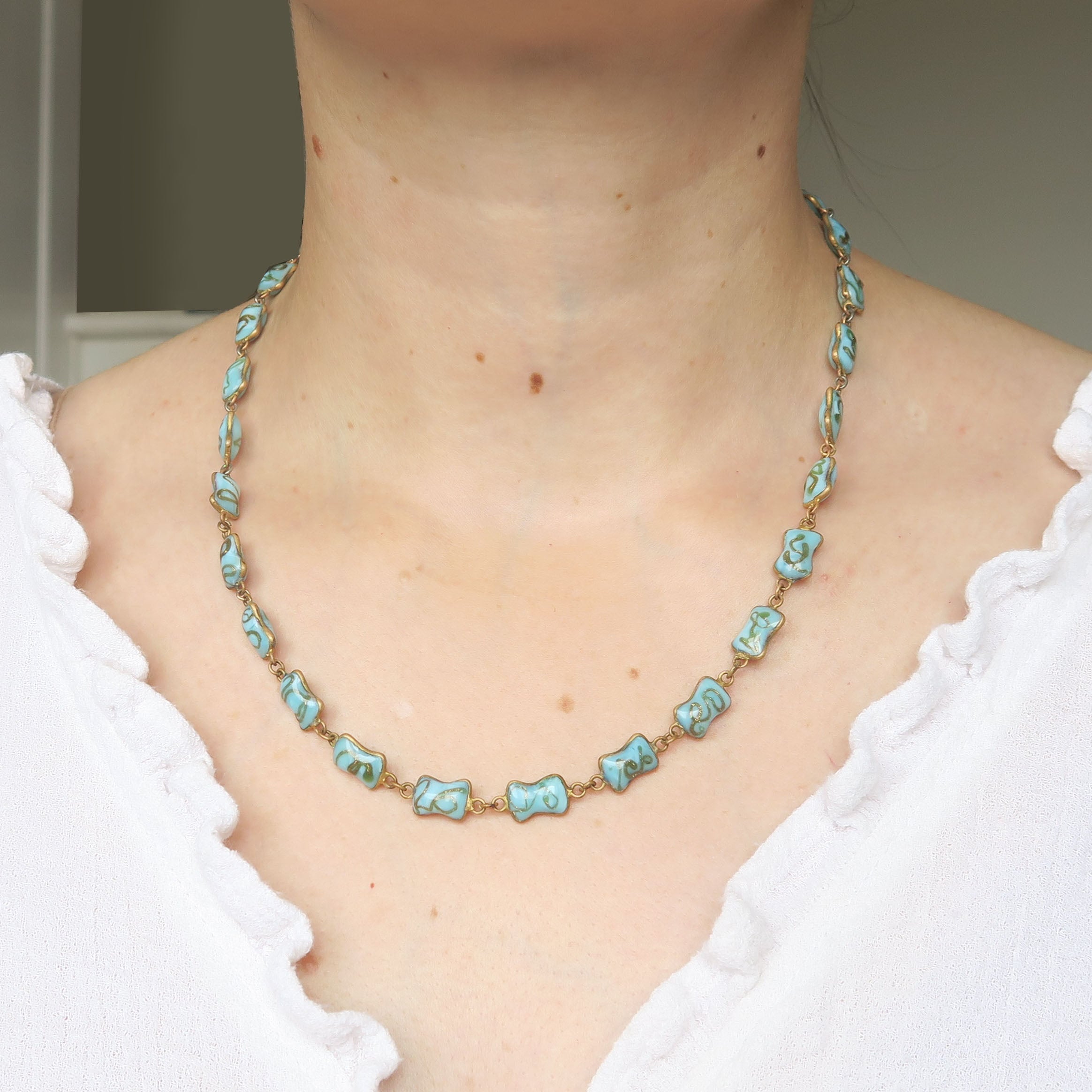 Antique French Blue & Gold Poured Glass Gripoix Necklace
