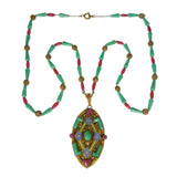 Antique Czechoslovakian Green Glass Panel Bead Necklace