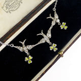 Antique Edwardian Silver Paste Swallow & Clover Necklace