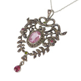 Antique Edwardian Silver Marcasite Pink Paste Floral Pendant