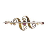 Antique Gold Pink Topaz Pearl Scroll Brooch