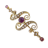 Antique Gold Pink Topaz Pearl Scroll Brooch