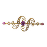 Antique Gold Pink Topaz Pearl Scroll Brooch