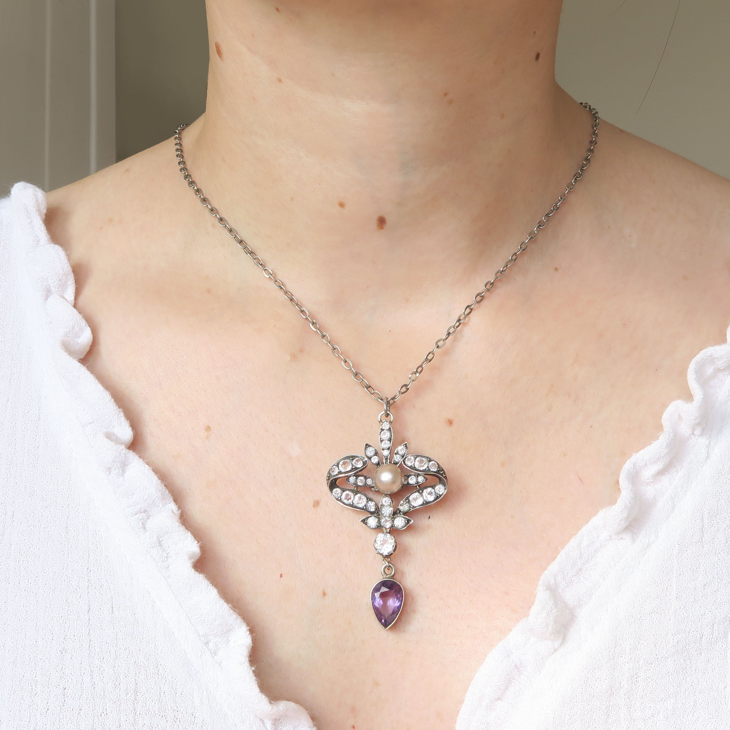 Antique Art Nouveau Silver Purple Paste Pendant