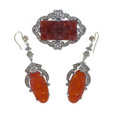 Antique Czechoslovakian Rhodium Floral Earrings & Brooch Set