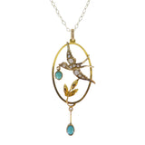 Antique Edwardian Gold Swallow Pearl & Turquoise Pendant Necklace