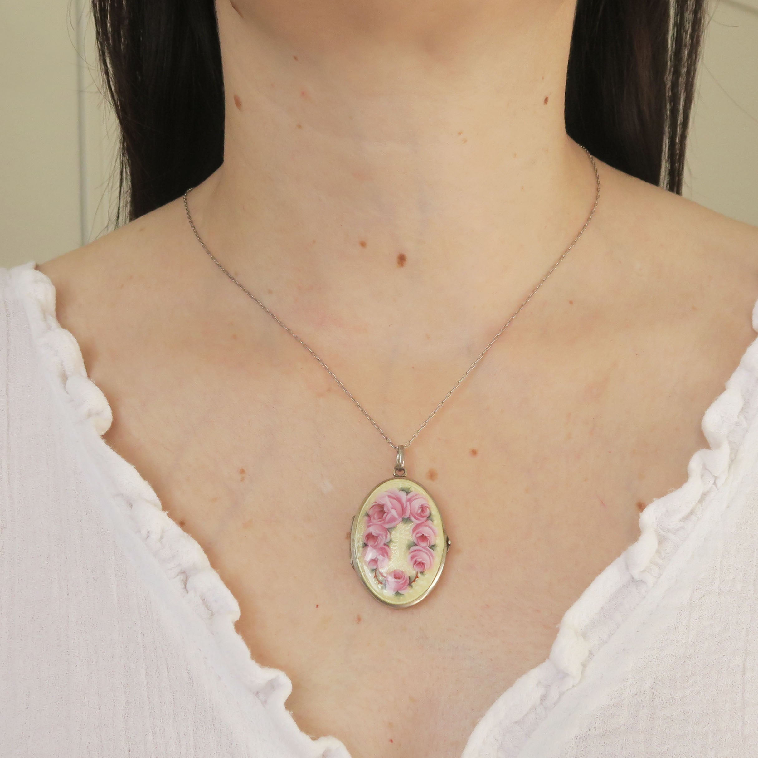 Antique Edwardian Silver Rose Enamel Locket