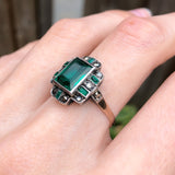 Reserved | Antique French Art Deco Gold & Silver Green Glass Ring