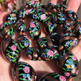 Reserved For A | Antique Venetian Black Fancy Rose Glass Bead Necklace