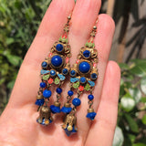 Antique Czechoslovakian Blue Glass Enamel Drop Earrings