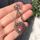 Antique Edwardian Silver Pink Glass Heart Marcasite Pendant Necklace