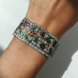 Vintage Art Deco Czech Floral Enamel Rhinestone Panel Bracelet