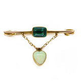 Antique Arts & Crafts Murrle Bennett 9 Carat Gold Opal Heart Emerald Paste Brooch