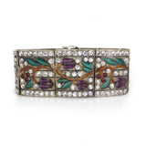 Vintage Art Deco Czech Floral Enamel Rhinestone Panel Bracelet